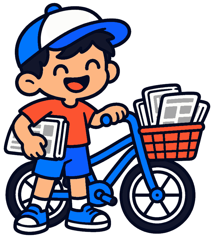 Kid publisher with a bike full of papers