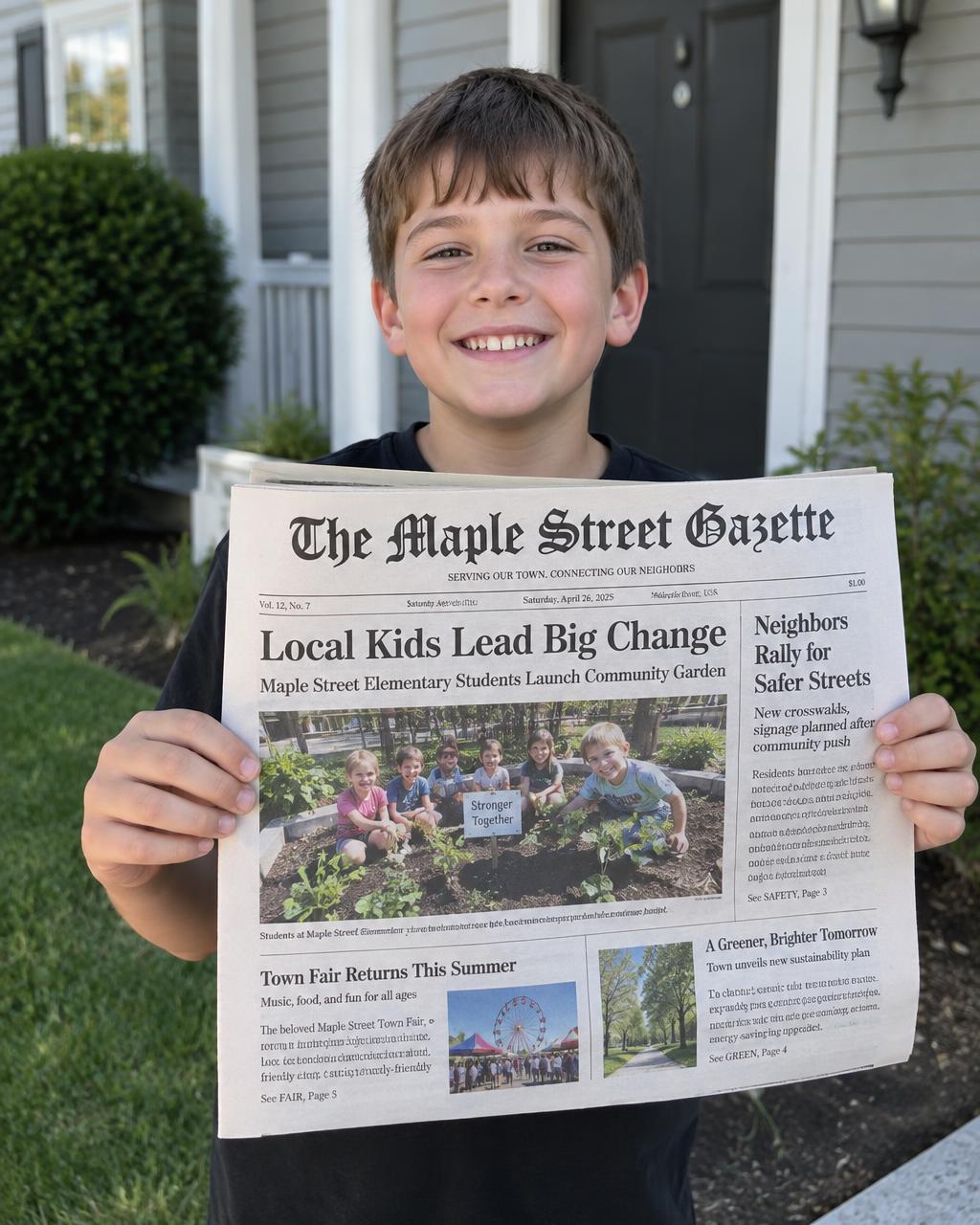 A smiling kid holding up a printed copy of The Maple Street Gazette outside his house